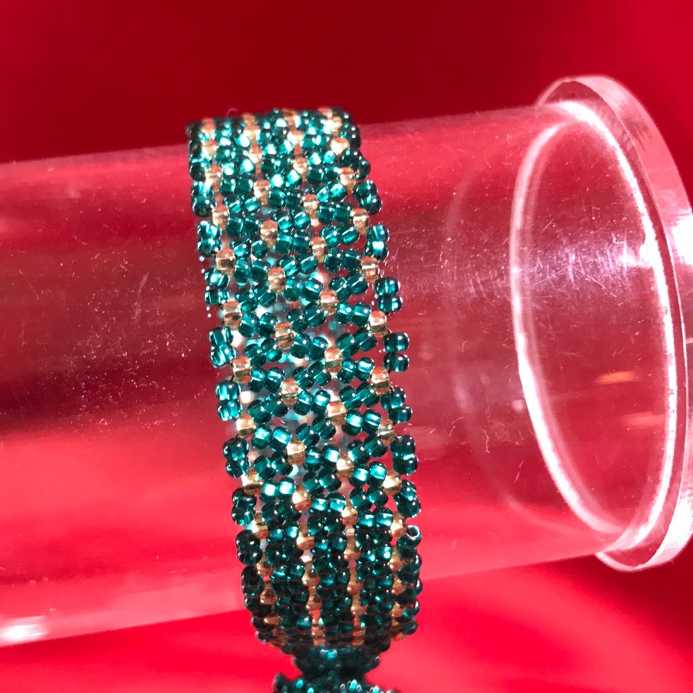 Handmade Beaded Green and Gold Seed Bead Bracelet